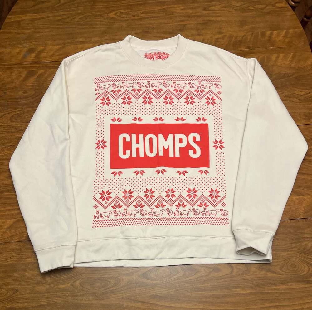 Chomps Happy Holiday Ugly Christmas Sweater Sweatshirt Cream Red X-Large